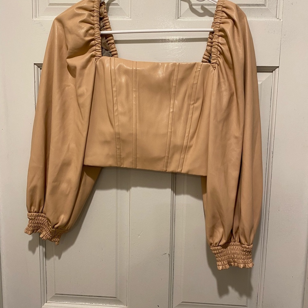 Alice + Olivia Bronte   Blouson Sleeve Crop Top in Almond Faux Leather